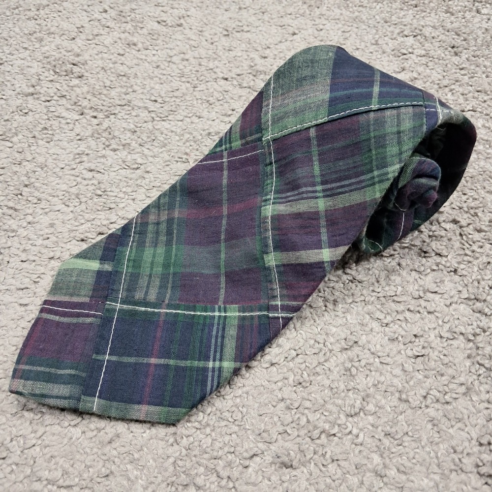 Bass Mens Patchwork Plaid Cotton Necktie Green Purple Made in USA Classic Tie